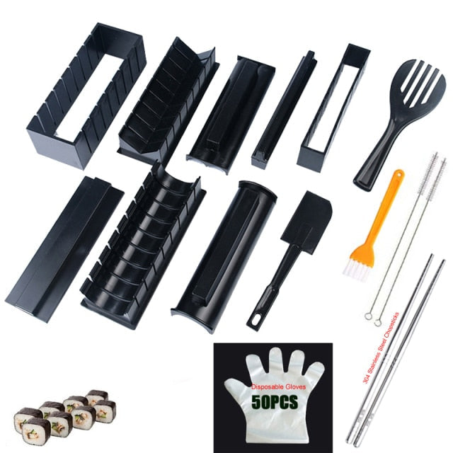 11-delige sushi maker set met vormen in hart-, rechthoek- en bloemmotieven voor creatieve rijstbalrolletjes.