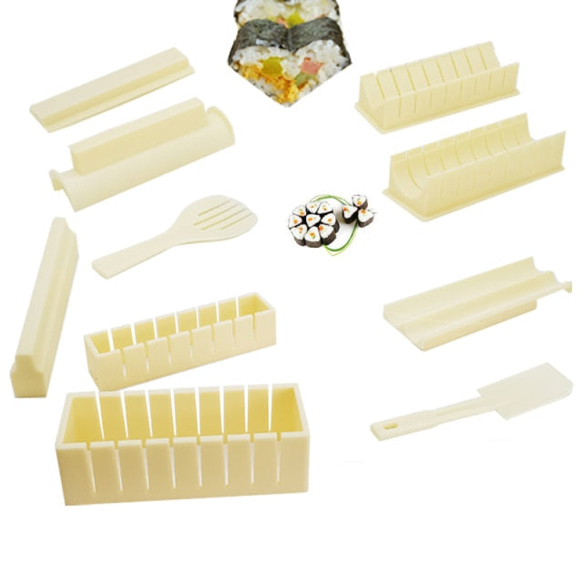 11-delige sushi maker set met vormen in hart-, rechthoek- en bloemmotieven voor creatieve rijstbalrolletjes.