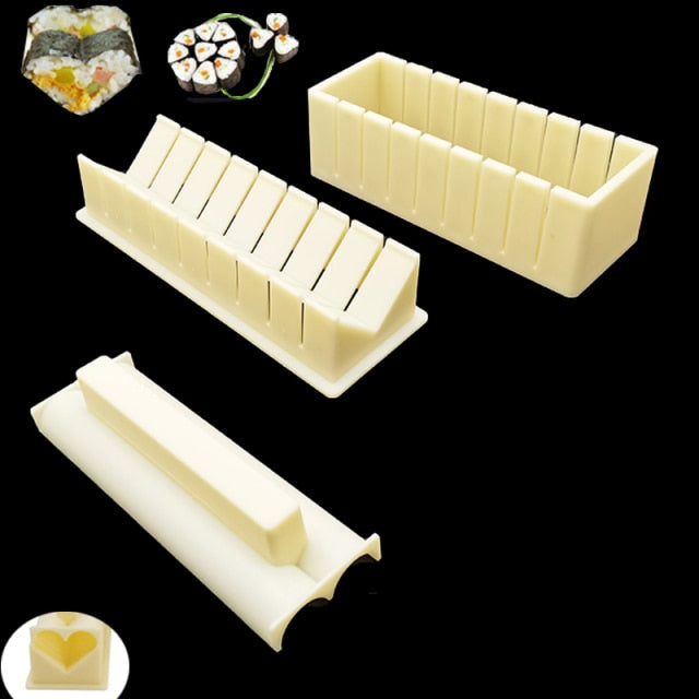 11-delige sushi maker set met vormen in hart-, rechthoek- en bloemmotieven voor creatieve rijstbalrolletjes.