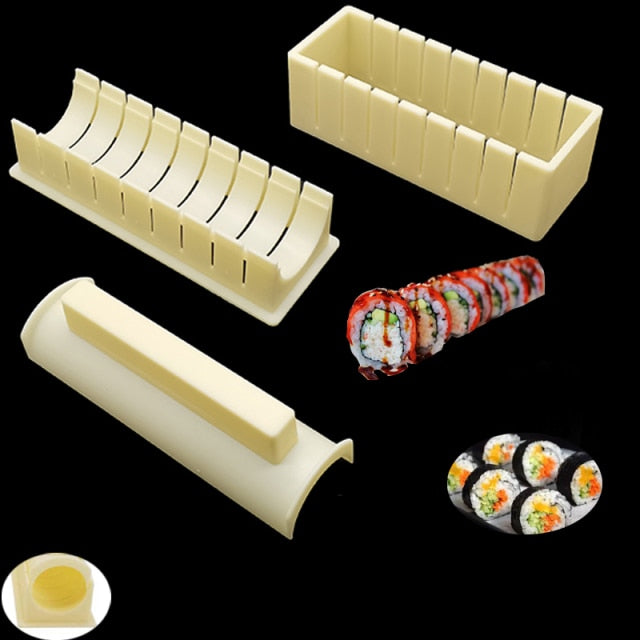 11-delige sushi maker set met vormen in hart-, rechthoek- en bloemmotieven voor creatieve rijstbalrolletjes.