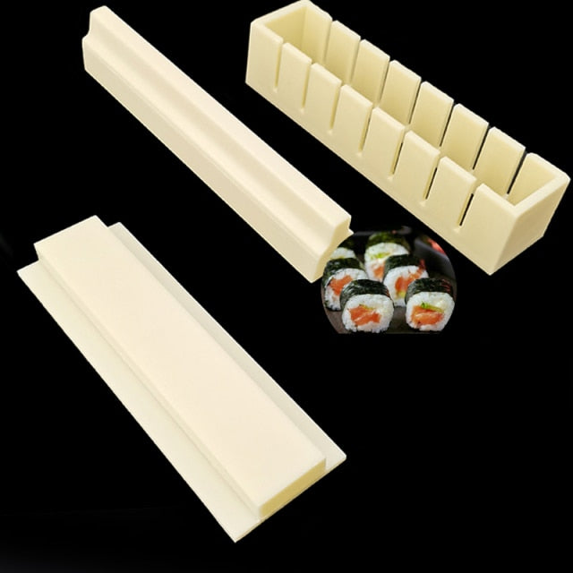 11-delige sushi maker set met vormen in hart-, rechthoek- en bloemmotieven voor creatieve rijstbalrolletjes.