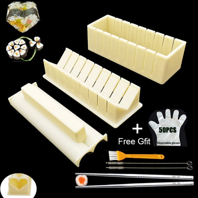 11-delige sushi maker set met vormen in hart-, rechthoek- en bloemmotieven voor creatieve rijstbalrolletjes.