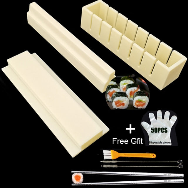 11-delige sushi maker set met vormen in hart-, rechthoek- en bloemmotieven voor creatieve rijstbalrolletjes.