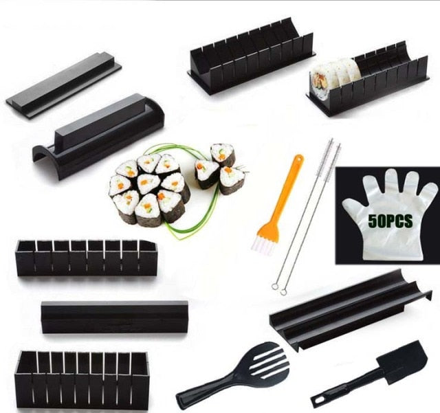 11-delige sushi maker set met vormen in hart-, rechthoek- en bloemmotieven voor creatieve rijstbalrolletjes.
