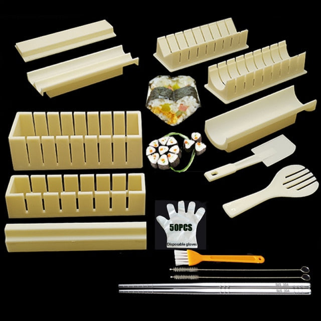 11-delige sushi maker set met vormen in hart-, rechthoek- en bloemmotieven voor creatieve rijstbalrolletjes.