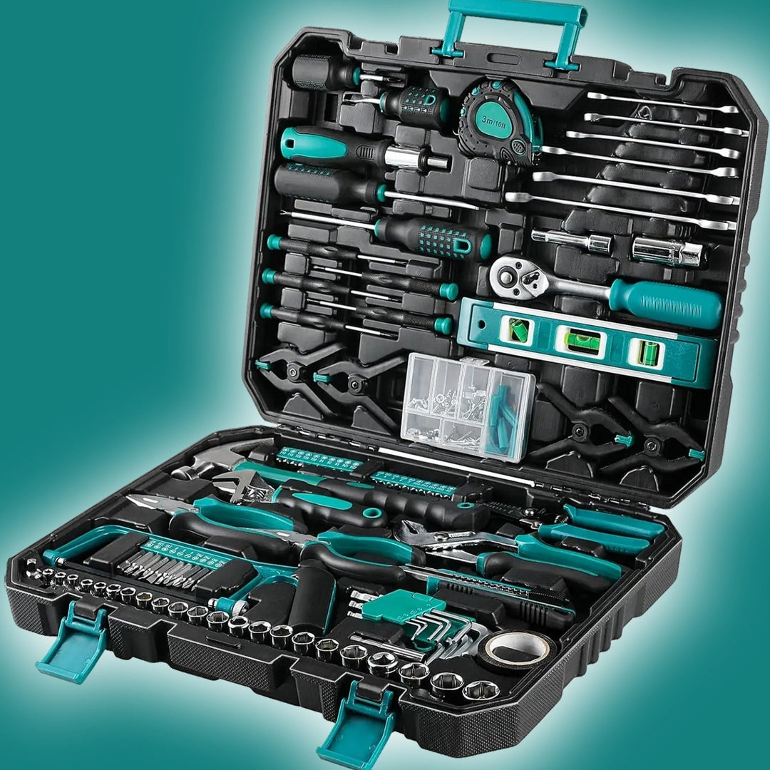 198-delige universele gereedschapset in compacte koffer met ergonomische, antisliphandvatten voor veelzijdige huisprojecten.