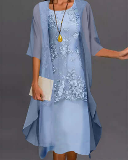 Dames Elegant Kanten Chiffonjurk met 3/4 Mouwen