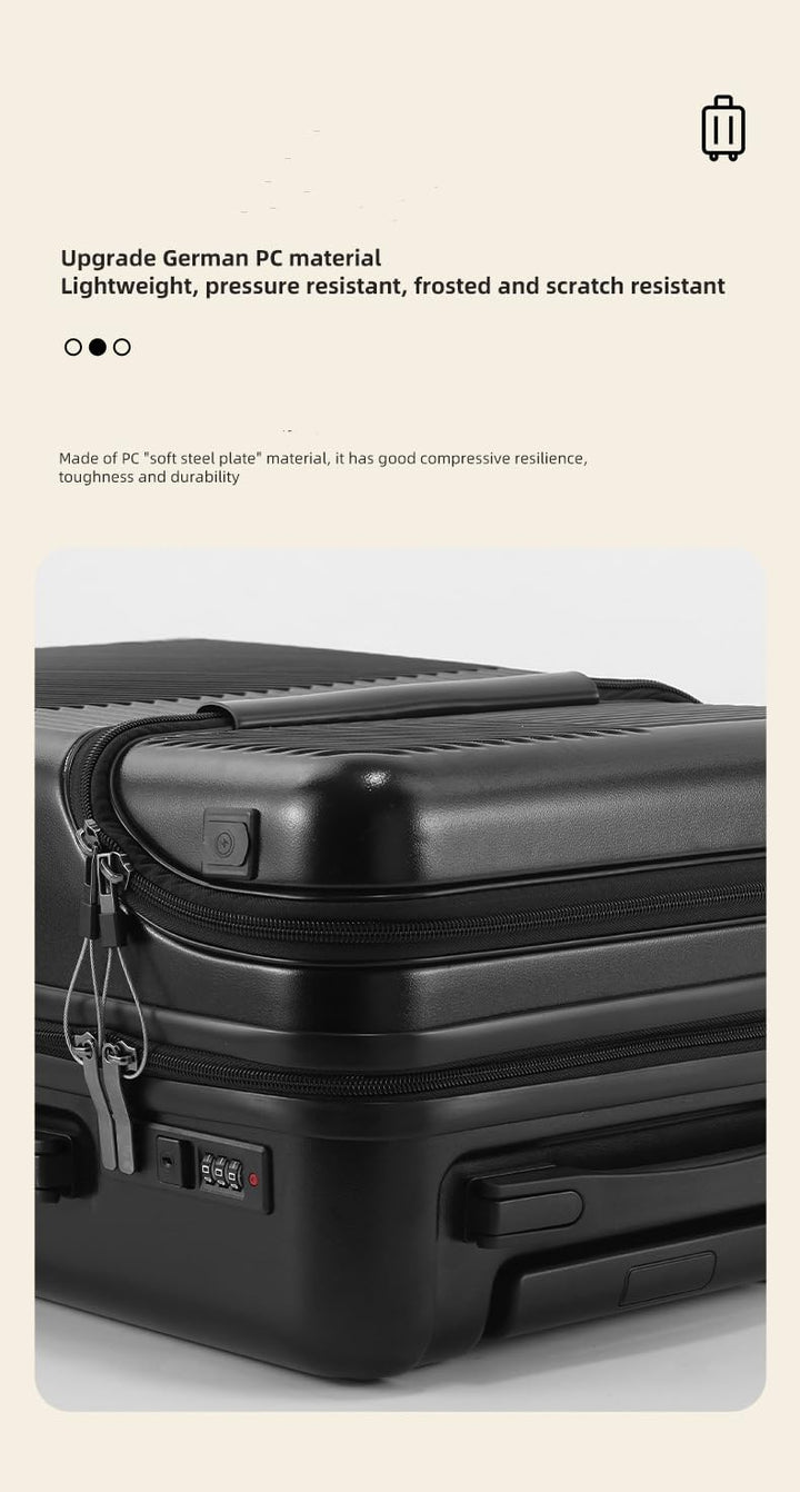 Zwarte 20" handbagagekoffer. Harde schaal, bekerhouder, USB-poort, TSA-slot. Comfort en veiligheid.