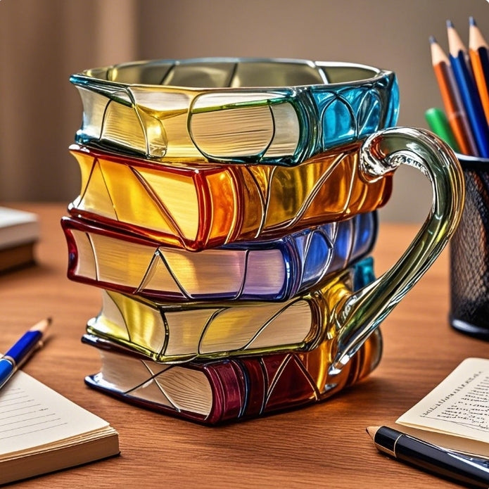 Cadeau: handgemaakte boekenmok voor literaire liefhebbers. Unieke keramische koffiekop met opvallend 3D-design.