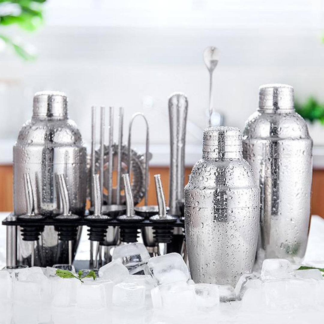 23-delige roestvrijstalen barkeeper kit met martini shaker, jigger, bamboe standaard; stijlvolle baraccessoires voor cocktails