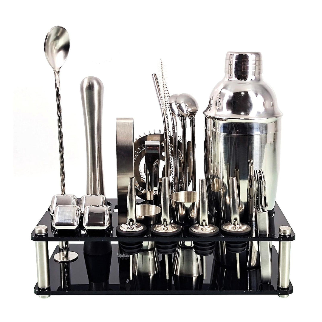 23-delige roestvrijstalen barkeeper kit met martini shaker, jigger, bamboe standaard; stijlvolle baraccessoires voor cocktails