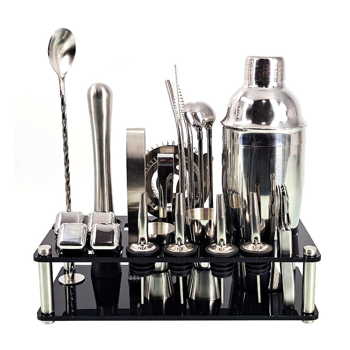 23-delige roestvrijstalen barkeeper kit met martini shaker, jigger, bamboe standaard; stijlvolle baraccessoires voor cocktails