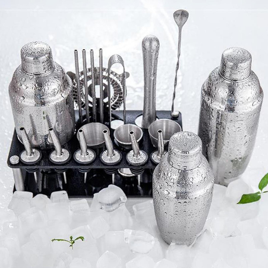 23-delige roestvrijstalen barkeeper kit met martini shaker, jigger, bamboe standaard; stijlvolle baraccessoires voor cocktails