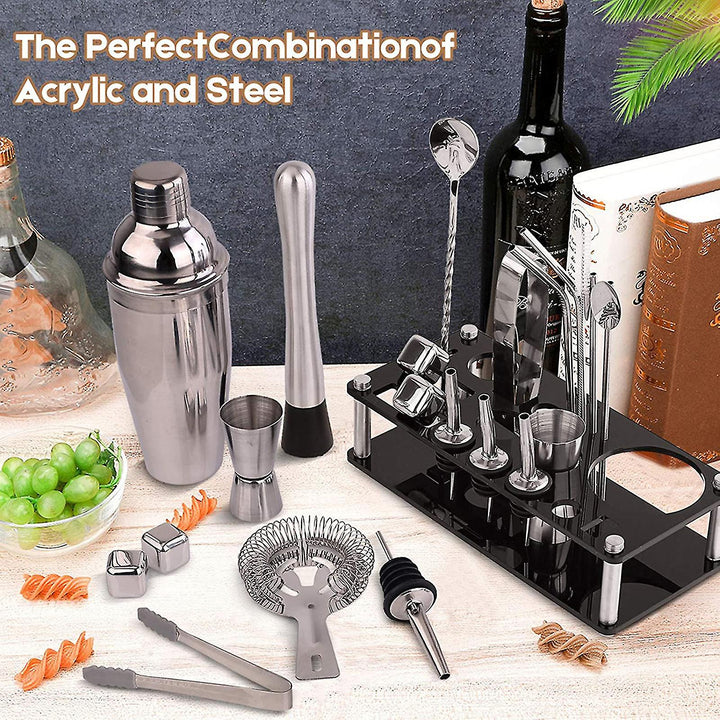 23-delige roestvrijstalen barkeeper kit met martini shaker, jigger, bamboe standaard; stijlvolle baraccessoires voor cocktails