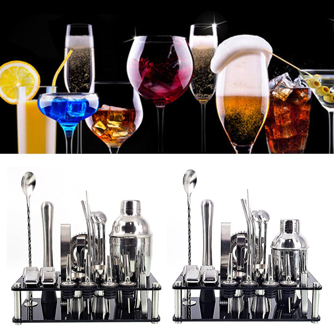 23-delige roestvrijstalen barkeeper kit met martini shaker, jigger, bamboe standaard; stijlvolle baraccessoires voor cocktails