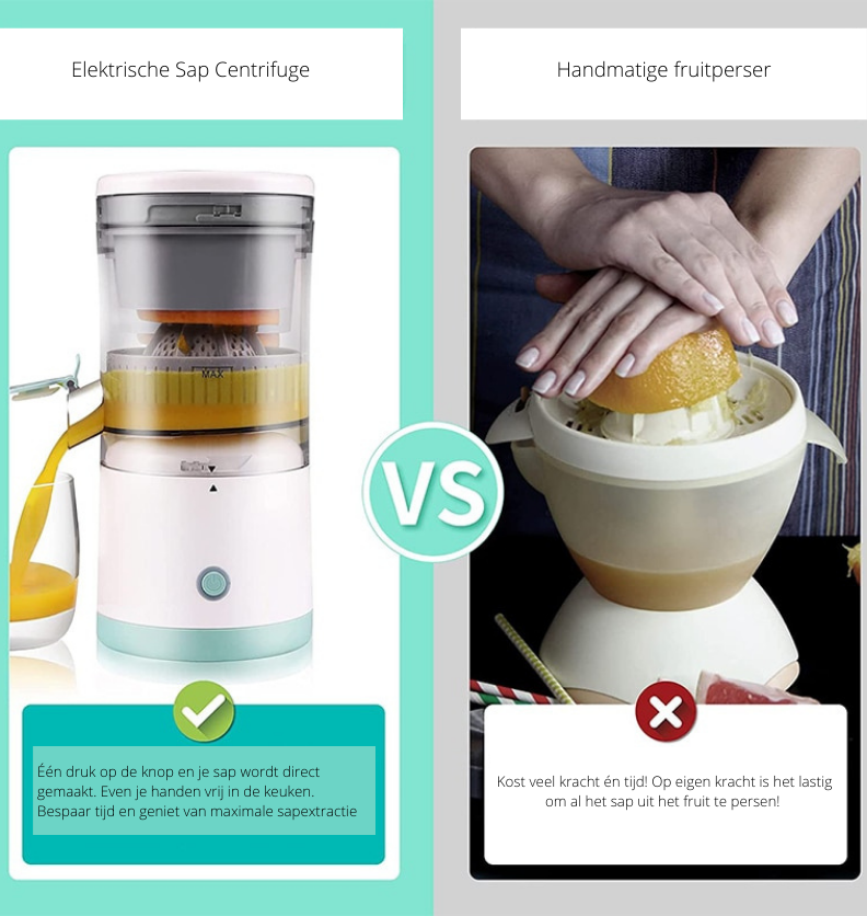 Innovatieve draadloze sapcentrifuge met krachtige persfunctie voor snel en moeiteloos vers sap uit fruit.