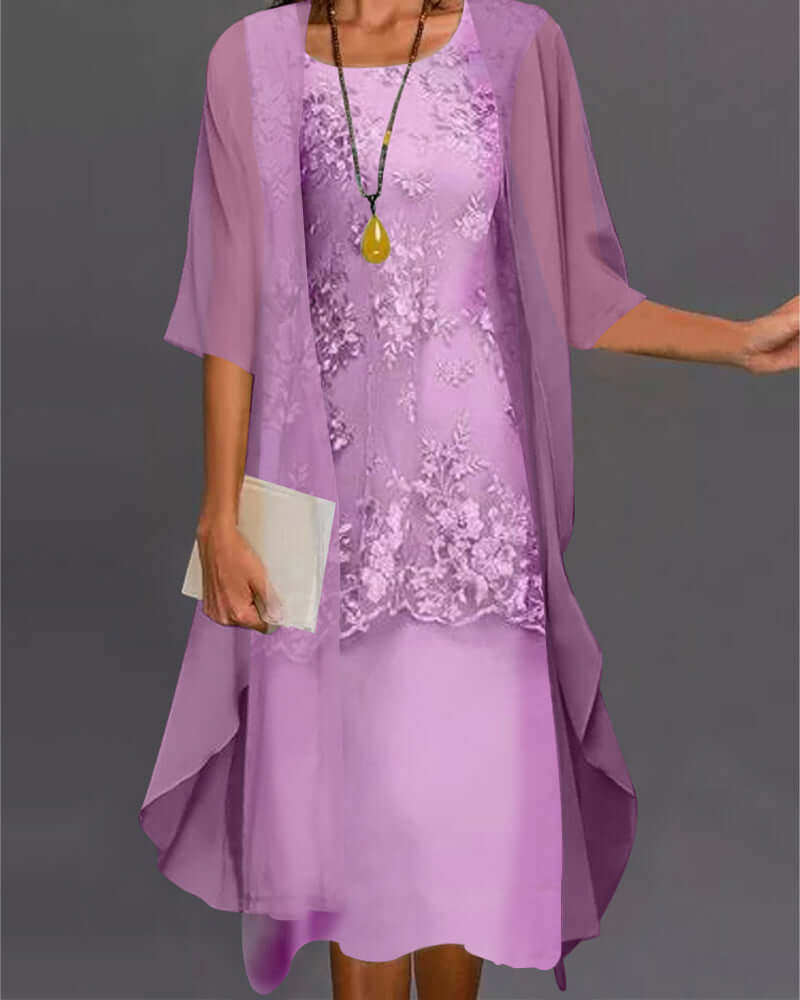 Dames Elegant Kanten Chiffonjurk met 3/4 Mouwen