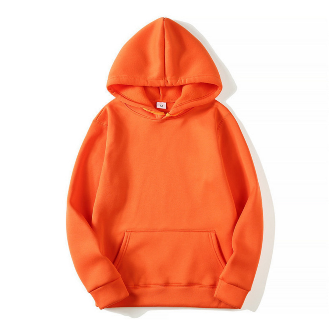 Blauwe heren hoodie, detail van de buidelzak en ribboord
