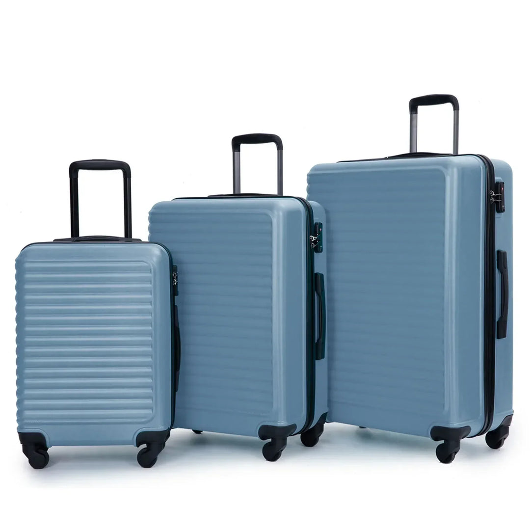 Blauwe hardshell reiskofferset van ABS, 3 stuks, met 360° spinnerwielen en veilig TSA slot voor zorgeloos reizen.