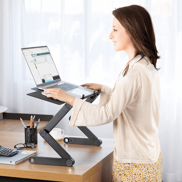 360° ergonomische laptopstandaard, zilver aluminium, flexibele poten, geventileerd, geschikt voor apparaten van 7-21 inch