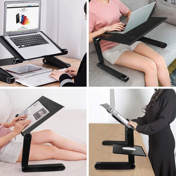 360° ergonomische laptopstandaard, zilver aluminium, flexibele poten, geventileerd, geschikt voor apparaten van 7-21 inch