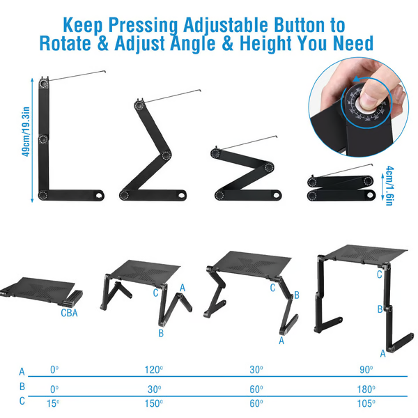 360° ergonomische laptopstandaard, zilver aluminium, flexibele poten, geventileerd, geschikt voor apparaten van 7-21 inch