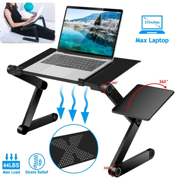 360° ergonomische laptopstandaard, zilver aluminium, flexibele poten, geventileerd, geschikt voor apparaten van 7-21 inch