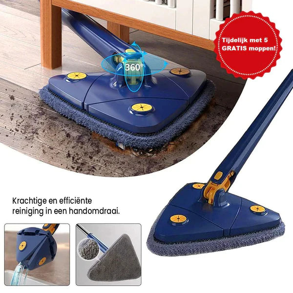 Praktische microvezel mop met verstelbare steel en 360 graden swivel voor grondige huishoudelijke schoonmaak.