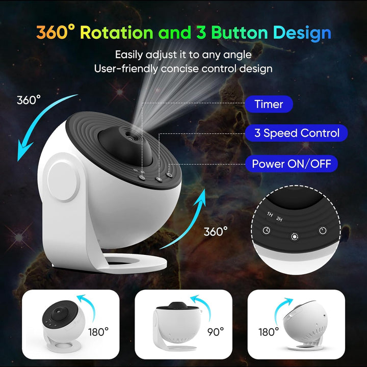 360° Planetarium Projector toont dynamische sterrenhemel en sterrenstelsels, transformeert de kamer in een ontspannende sterrenzee.
