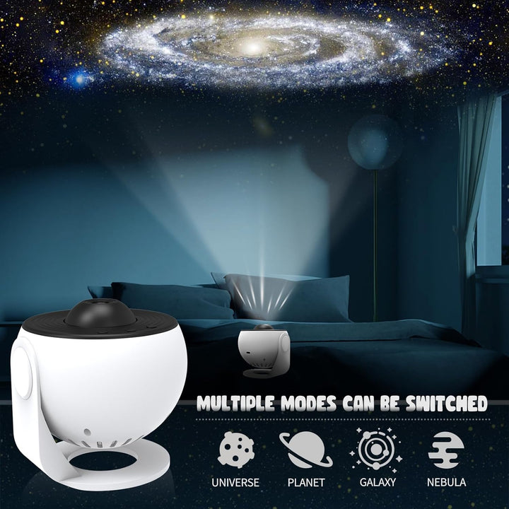360° Planetarium Projector toont dynamische sterrenhemel en sterrenstelsels, transformeert de kamer in een ontspannende sterrenzee.
