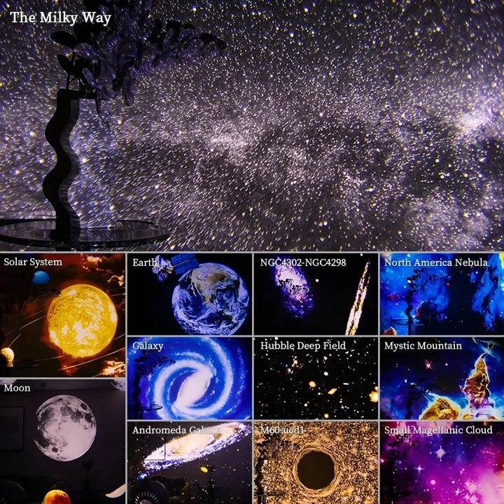 360° Planetarium Projector toont dynamische sterrenhemel en sterrenstelsels, transformeert de kamer in een ontspannende sterrenzee.