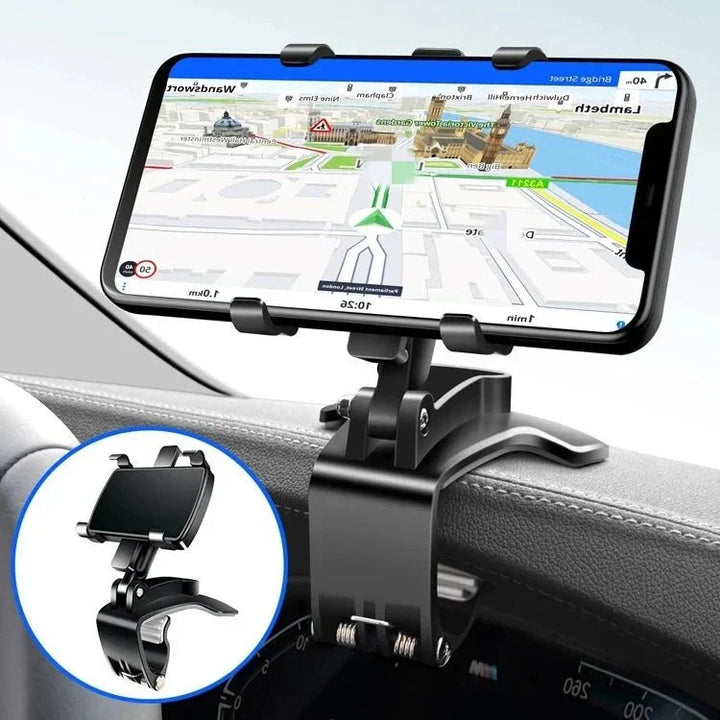 Zwarte 360° achteruitkijkspiegel telefoonhouder in de auto, flexibel verstelbaar voor veilig rijden, universeel compatibel met smartphones