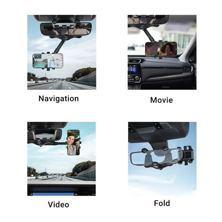 Zwarte 360° achteruitkijkspiegel telefoonhouder in de auto, flexibel verstelbaar voor veilig rijden, universeel compatibel met smartphones
