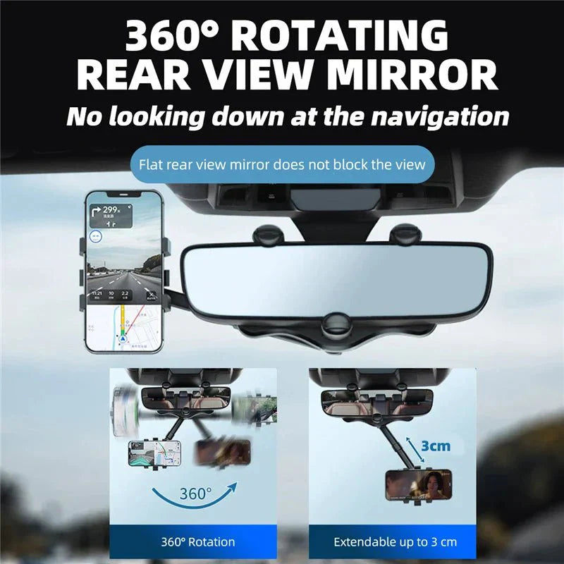 Zwarte 360° achteruitkijkspiegel telefoonhouder in de auto, flexibel verstelbaar voor veilig rijden, universeel compatibel met smartphones