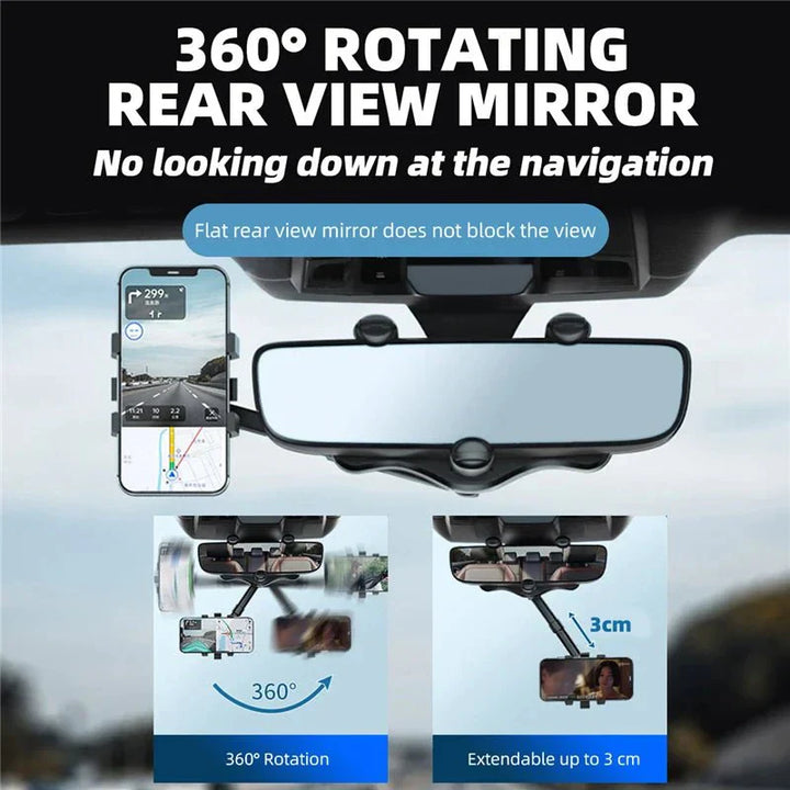 Zwarte 360° achteruitkijkspiegel telefoonhouder in de auto, flexibel verstelbaar voor veilig rijden, universeel compatibel met smartphones