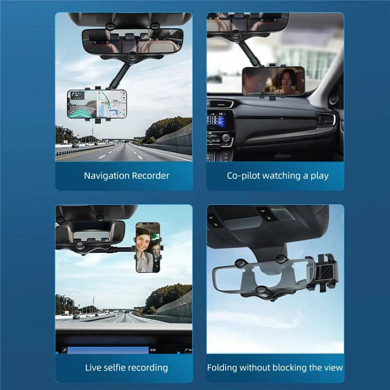 Zwarte 360° achteruitkijkspiegel telefoonhouder in de auto, flexibel verstelbaar voor veilig rijden, universeel compatibel met smartphones