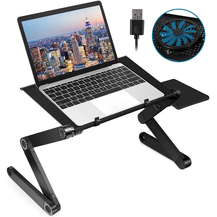 Verstelbare laptopstandaard met ergonomisch ontwerp en ingebouwde ventilator voor optimaal comfort.