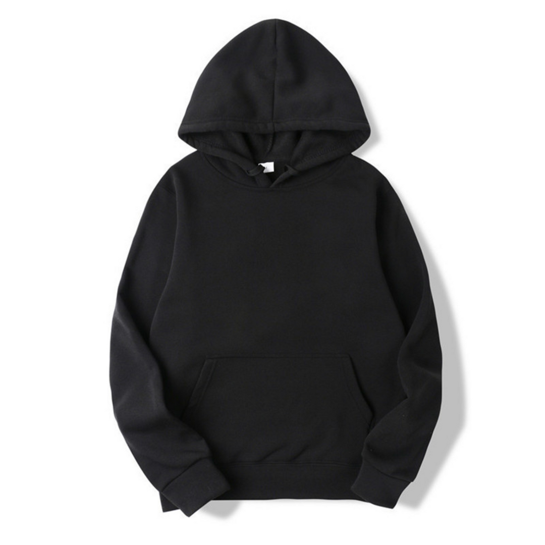 Zwarte heren hoodie detail van de buidelzak en mouwboord