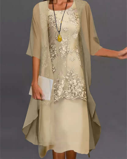 Dames Elegant Kanten Chiffonjurk met 3/4 Mouwen
