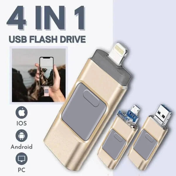4-in-1 hogesnelheids USB-stick, zilver, compact, veelzijdig, compatibel met Lightning, USB-C, Micro-USB, USB 2.0