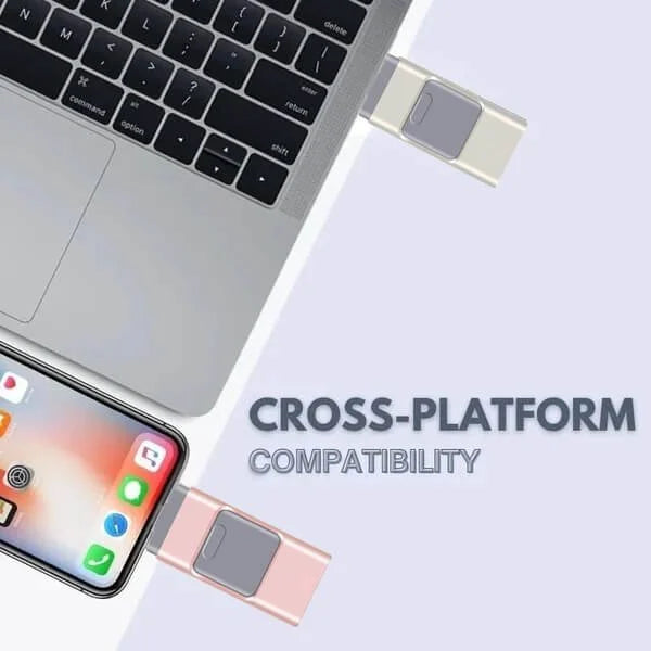 4-in-1 hogesnelheids USB-stick, zilver, compact, veelzijdig, compatibel met Lightning, USB-C, Micro-USB, USB 2.0