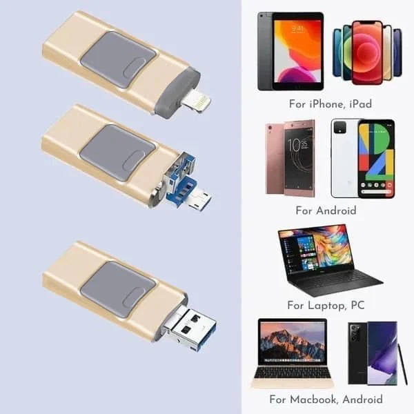 4-in-1 hogesnelheids USB-stick, zilver, compact, veelzijdig, compatibel met Lightning, USB-C, Micro-USB, USB 2.0