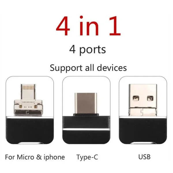 4-in-1 hogesnelheids USB-stick, zilver, compact, veelzijdig, compatibel met Lightning, USB-C, Micro-USB, USB 2.0