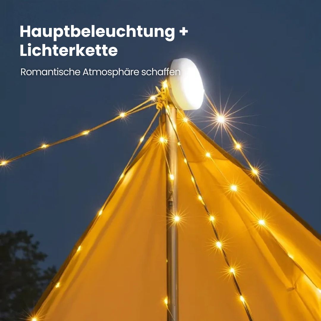 4-in-1 LED campinglamp: Meerkleurig, powerbank, zaklamp, compact, IP65 waterdicht, perfect voor buitenavonturen.