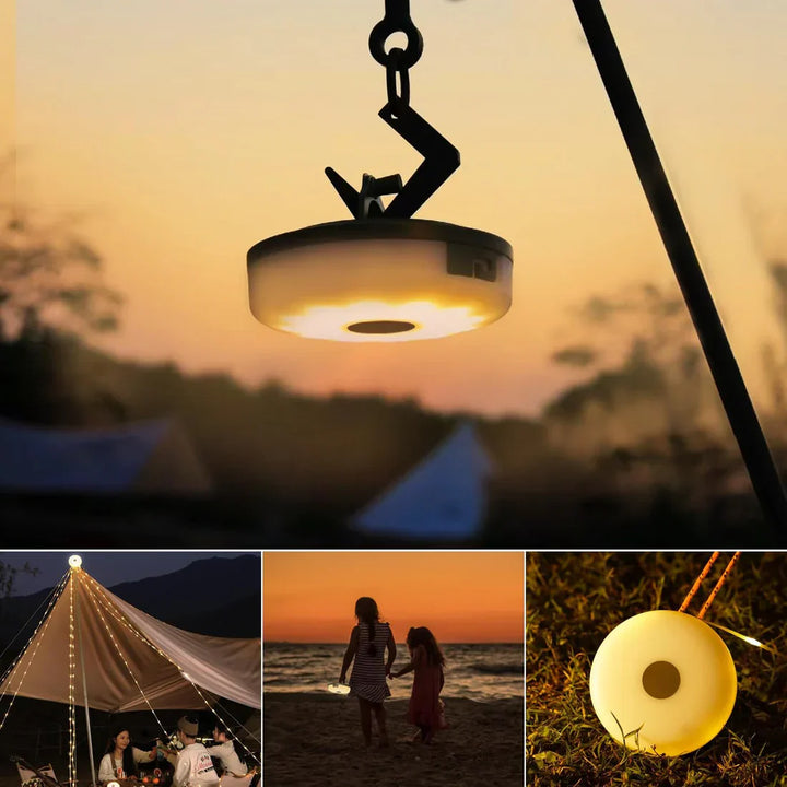 4-in-1 LED campinglamp: Meerkleurig, powerbank, zaklamp, compact, IP65 waterdicht, perfect voor buitenavonturen.