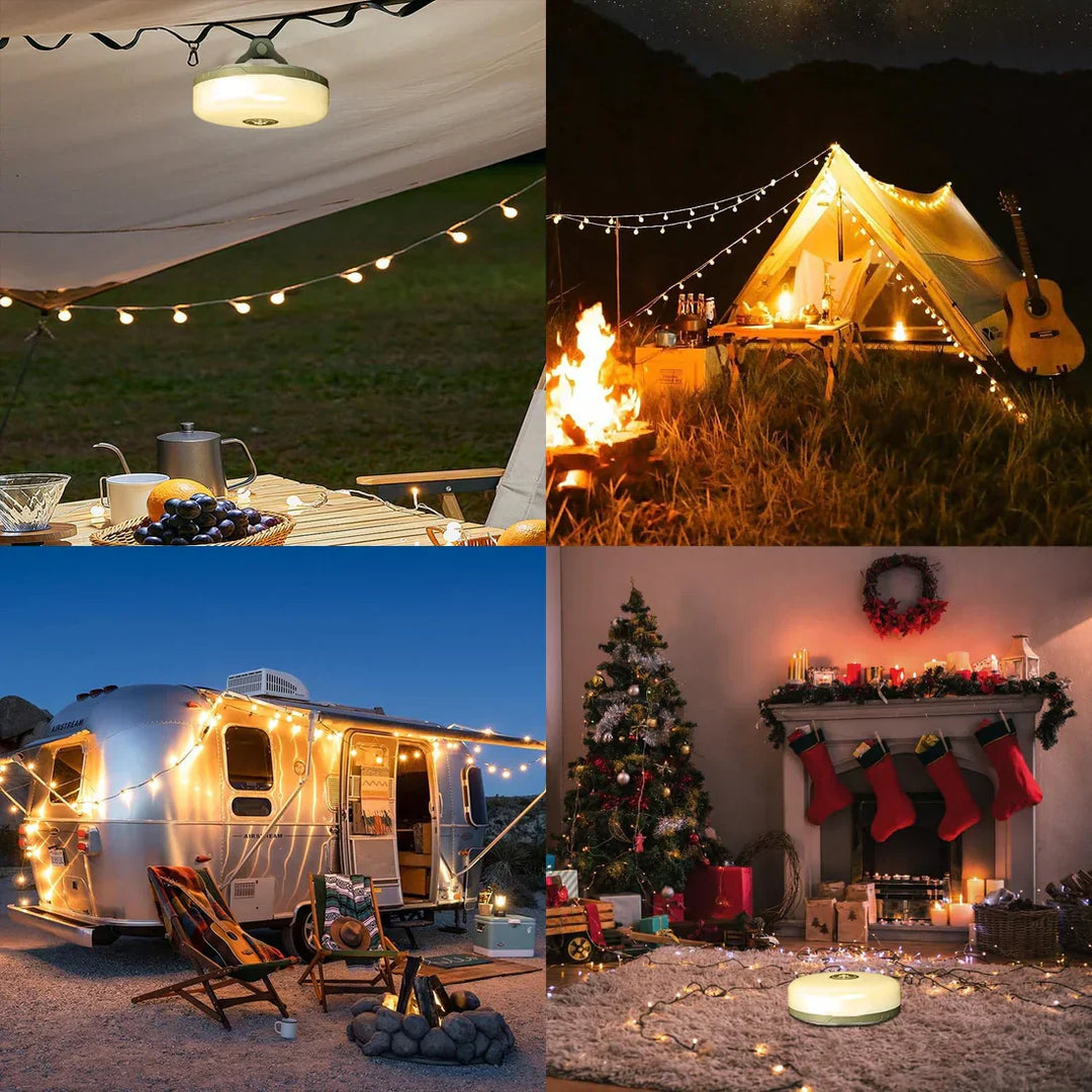 4-in-1 LED campinglamp: Meerkleurig, powerbank, zaklamp, compact, IP65 waterdicht, perfect voor buitenavonturen.