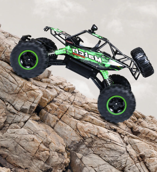Stoere RC rock crawler monstertruck 4x4 over ruw terrein rijdend, ideaal voor outdoor avontuur.