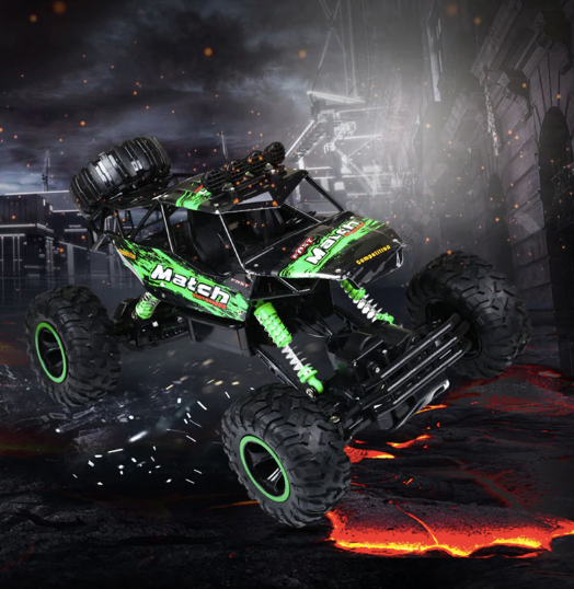 Gedetailleerde 4x4 afstandbestuurbare monster truck wielen en vering voor off-road prestaties.