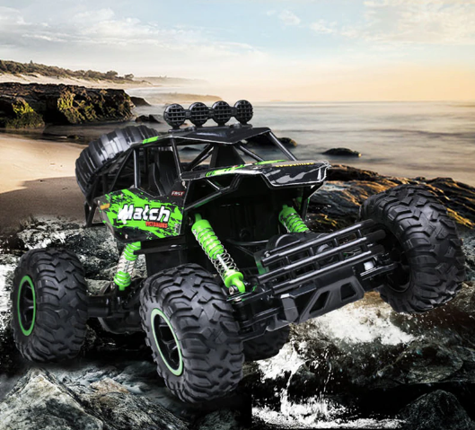 Afstandsbediening en 4x4 rock crawler monster truck, klaar voor urenlang speelplezier.