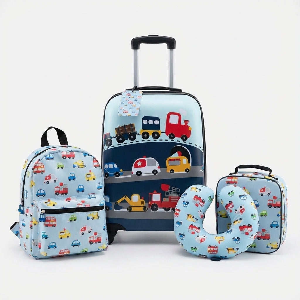 Levendige kinderkoffer en bijpassende rugzak uit de complete 5-delige reisset voor kinderen. Ideaal voor reizen.